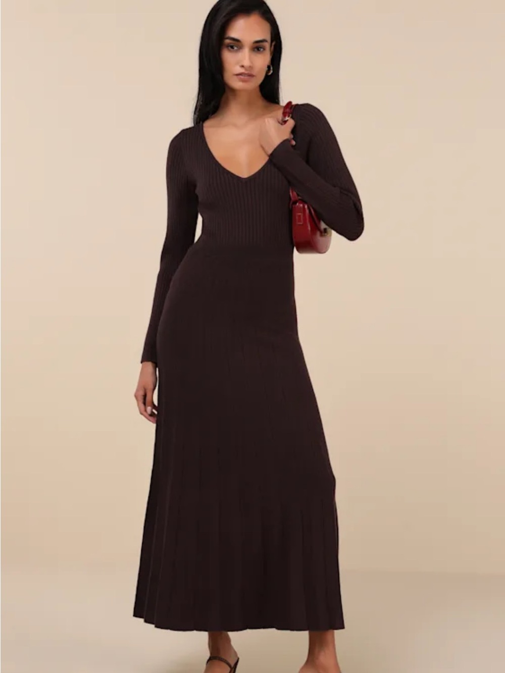 Lulu's Chocolate Brown Ribbed V-Neck Long Sleeve Maxi Dress